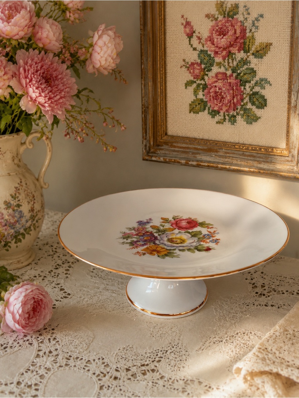 Vintage Germany Bavarian Floral Cake Stand | Porcelain Pedestal Dessert Stand